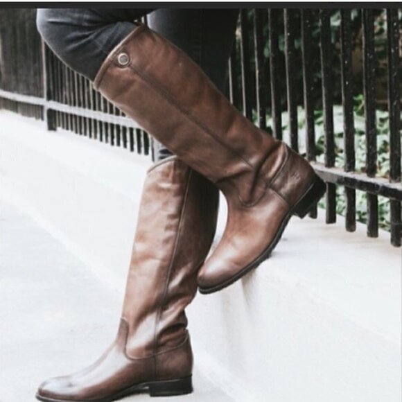 Frye Melissa Button Taupe/Brown Distressed Leather Riding Boots - Size 8 - Picture 1 of 10